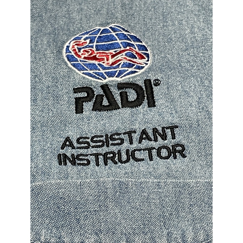 Vintage PADI Assistant Instructor Denim Shirt Mens XL Blue Short Sleeve Scuba